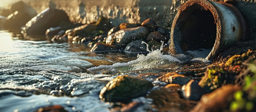Sewage pipe outfall into the river water pollution and environmental damage concept selective focus. Copy space image. Place for adding text