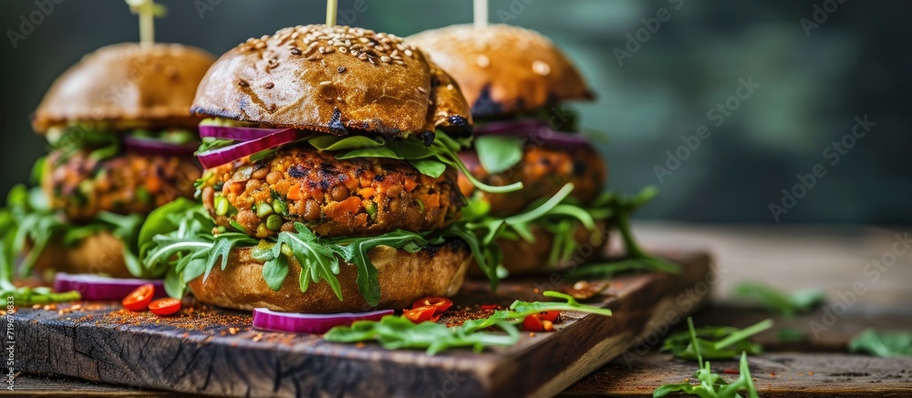 Poster vegan burgers with lentils and pistachios stacked on a cutting board. copy space image. place for ad