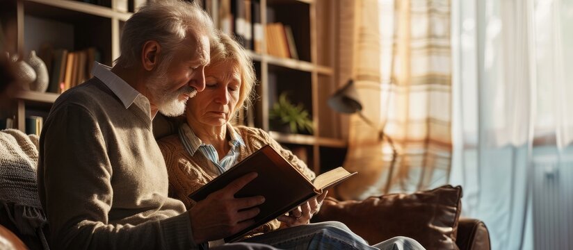 Reading book hands or old couple with bible in home for faith religion or God with hope in house Studying Jesus Christ worship or senior Christian people learning literature or spiritual prayer