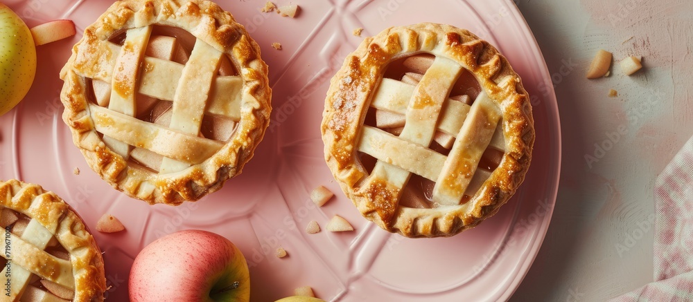 Poster tiny apple pies on pink plate in macro shot. copy space image. place for adding text