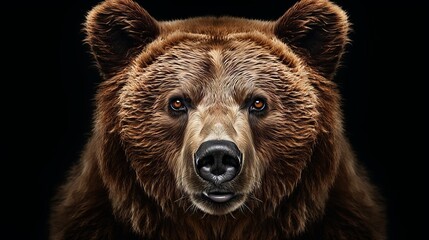 Majestic close up portrait of a solitary brown bear against a striking black backdrop