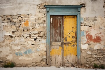 Weathered wooden door with vibrant peeling paint and natural light in rustic setting