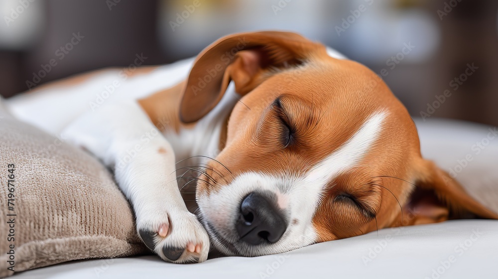 Poster adorable dog peacefully sleeping on a comfortable sofa with empty space on the left for text