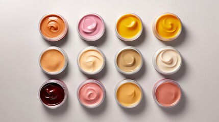 Top view of open cosmetic jars with a range of colors on light background. Concept of cosmetics assortment, skincare, facial creams, and beauty product display.