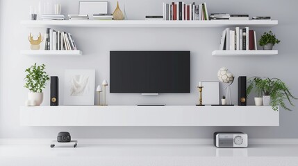 Minimalist modern white TV shelf with books , decorations and sound system. Rich vector graphic template - obrazy, fototapety, plakaty