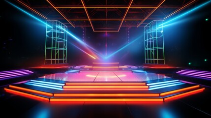 Modern futuristic concert stage with dynamic neon rainbow illumination. Modern Night Club. Concept of virtual reality events, futuristic concerts, and high tech stage design.