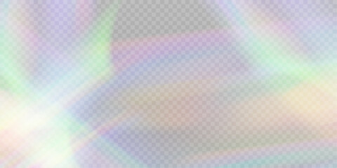 Rainbow light prism effect, transparent background. Crystalline glare leakage reflection. Abstract blurred rainbow light background overlay effect.	