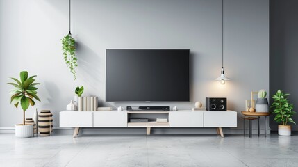 Minimalist modern white TV shelf with books , decorations and sound system. Rich vector graphic template