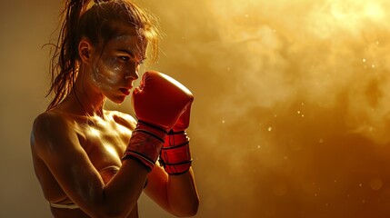 Female boxer with a determined stare, red boxing gloves on. With copy space. Concept of boxing, strength, female empowerment in sports, and athletic focus. - obrazy, fototapety, plakaty