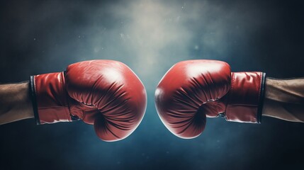 Impact moment between two boxing gloves. Fist bump. Concept of competition, opposing forces,...