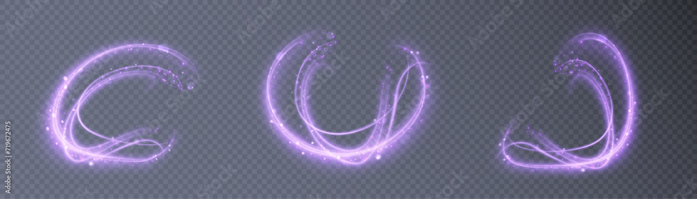 Poster Shiny purple glowing sparkling spiral with magic vector effect of magic sparkling dust particles. A light painting illustrating the movement of energy.