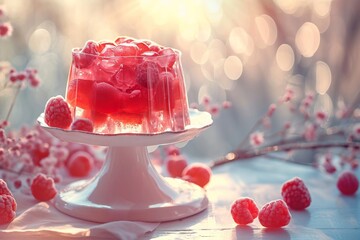 Red jelly adorned with raspberries. Sweet fruit dessert. For use in culinary websites, food blogs,...