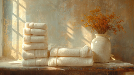 white sweaters stacked up with a vase on it, in the style of light orange and dark beige
