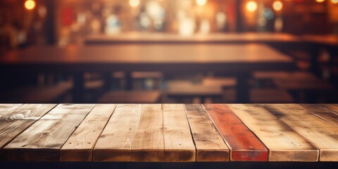 Vintage wooden table with blurred backdrop of a bar - obrazy, fototapety, plakaty