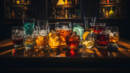selection of cocktails and drinks in a bar