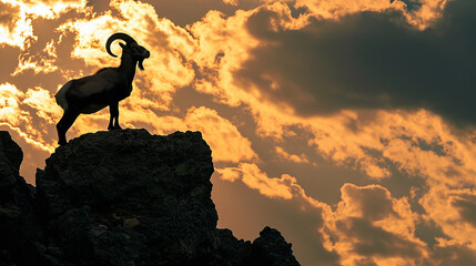 "Majestic Silhouette: Mountain Goat Stands Tall on a Peak"

