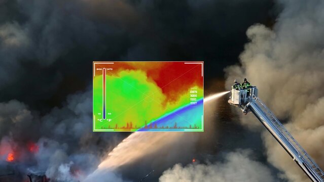 Firefighters use drone thermal camera overlay technology to target fire. Aerial of first responders spraying hotspots with water with smoke. 3D render of heat map