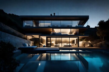 Nightfall at a duplex with swimming pool, where the pool's luminescent lighting creates a dreamy...