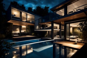 Nightfall at a duplex with swimming pool, where the pool's luminescent lighting creates a dreamy ambiance against the darkened duplex silhouette