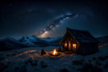 Foto op Canvas Night's calm descending on a hut on top of a majestically beautiful hill, with twinkling stars overhead and the glow from a campfire nearby. © Sajida