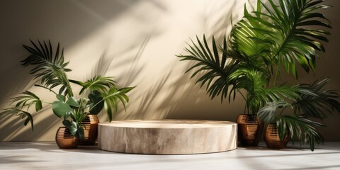 Tropical-themed presentation and product display - wooden podiums with palm leaf, sunlight, shadow, and marble wall.