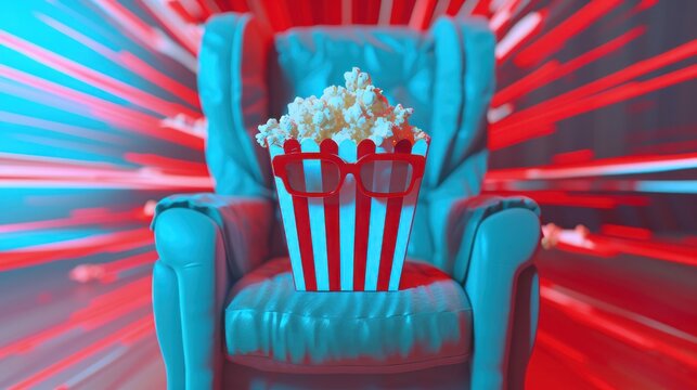 Movie online. Watching movie in comfortable conditions. Cinema chair, popcorn, anaglyph glasses. Concept with 3D illustration. Snacks and entertainment. Color banner on background with rays