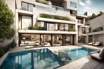 Foto op Plexiglas Panoramic view of a townhouse with swimming pool at the heart of a bustling neighborhood, presenting a serene enclave of relaxation. © Sajida