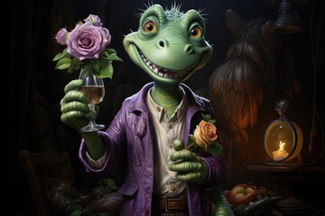 Whimsical and sophisticated, a playful cartoon dinosaur proudly holds a glass of wine and a bouquet...