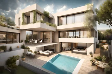 Foto op Plexiglas Panoramic view of a townhouse with swimming pool at the heart of a bustling neighborhood, presenting a serene enclave of relaxation. © Sajida