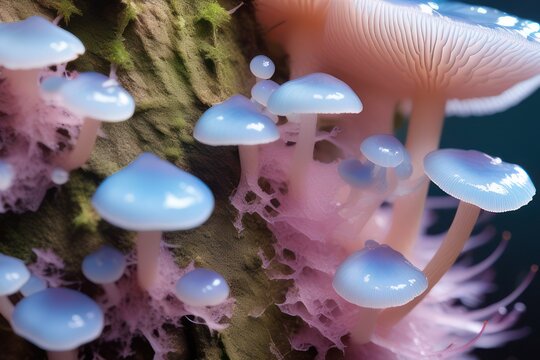 Fungus Fungi on Tree bark Stomp, closeup macro shot with bokah, bokeh, slime drops poison sticky substance alien surface calm, beautiful, White Orange baby blue, green mossy net