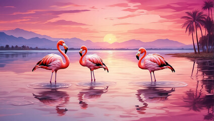 sunset with flamingos in the water sunset with flamingos in the water