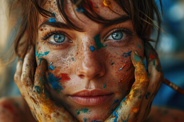 Close up portrait of beautiful artist with paint on face - obrazy, fototapety, plakaty