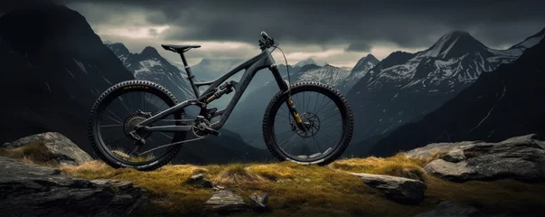 Foto op Plexiglas Man riding bicycle in mountain background © amazingfotommm