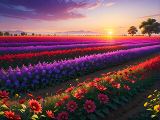 Sundown Blooms: Fields of Sunny Flowers Bathed in the Red and Purple Hues of a Dreamy Sunset. generative AI