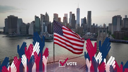 Hands and vote checkbox on drone shot of American flag on Brooklyn Bridge with view of Lower...