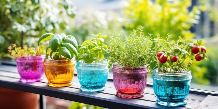 Colorful pots on a table in a glass greenhouse for planting plant seeds. Kitchen herbs or vegetables for the window garden.