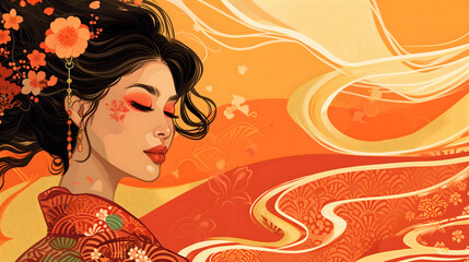 Banner for Asian American and Pacific Islander Heritage month. Beautiful horizontal banner with portrait of the AAPI woman, flowers and copy space