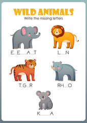fill in the missing letters illustration game for kids with funny animals