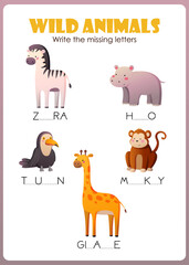 fill in the missing letters illustration game for kids with funny animals