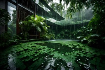 Rain showers casting a soft sheen over a penthouse in a lush green jungle, with droplets creating ripples in the serene waters of an adjacent pond - obrazy, fototapety, plakaty