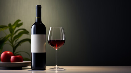 Obraz premium Still life an elegant bottle of red wine and a wine glass next to it.