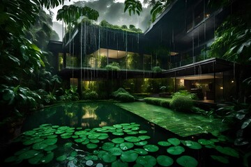 Rain showers casting a soft sheen over a penthouse in a lush green jungle, with droplets creating ripples in the serene waters of an adjacent pond