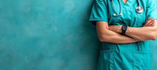 Male doctor with stethoscope in hospital standing against solid pastel background with copy space