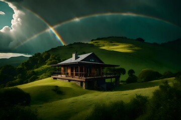 Rain showers over a bungalow on top of a majestically beautiful hill, capturing the mesmerizing sight of rainbows forming amidst the verdant landscape.