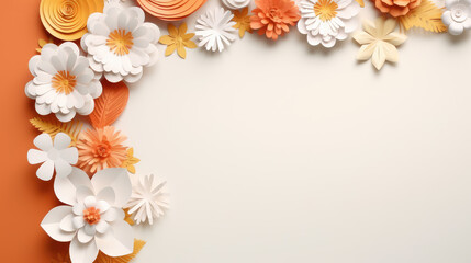 paper flowers on beige pastel background with copy space