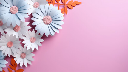 paper flowers on pink background with copy space