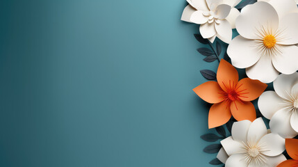 paper flowers on teal blue background with copy space