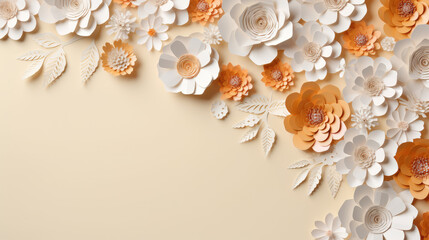 Fototapeta na wymiar paper flowers on pastel beige background with copy space