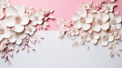paper flowers pattern pink and white background with copy space
