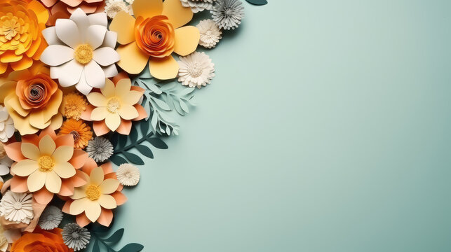 paper flowers on turquoise blue background with copy space